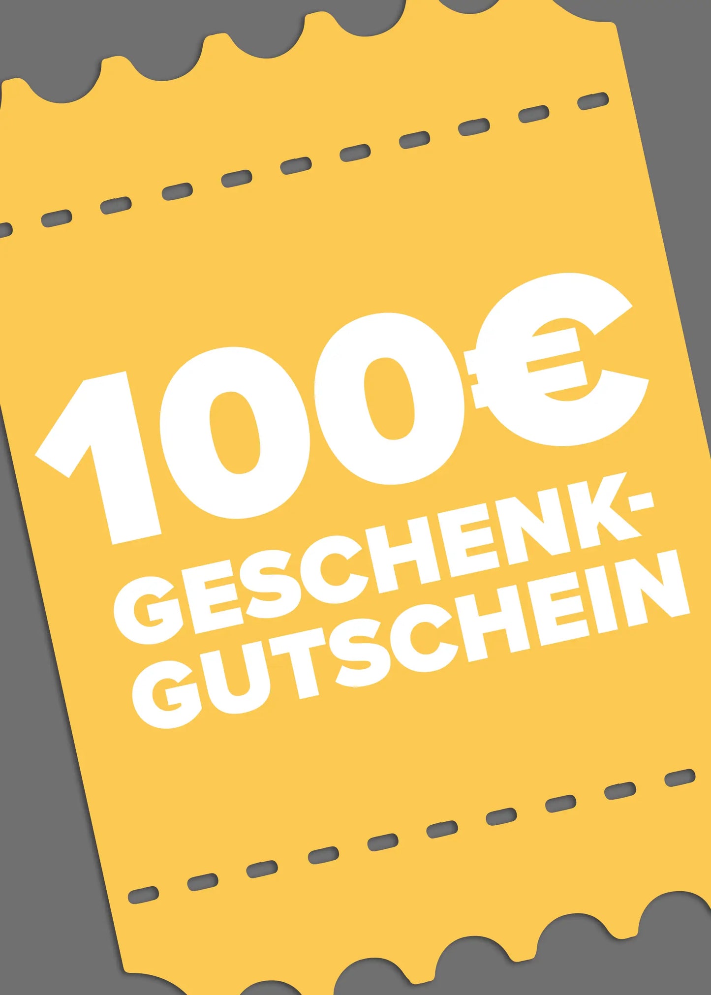 Ein gelber, perforierter Gutschein zeigt einen fetten weißen Text: 100€ Geschenkgutschein von J.Clay auf grauem Hintergrund - ein ideales Geschenk für jeden Anlass.