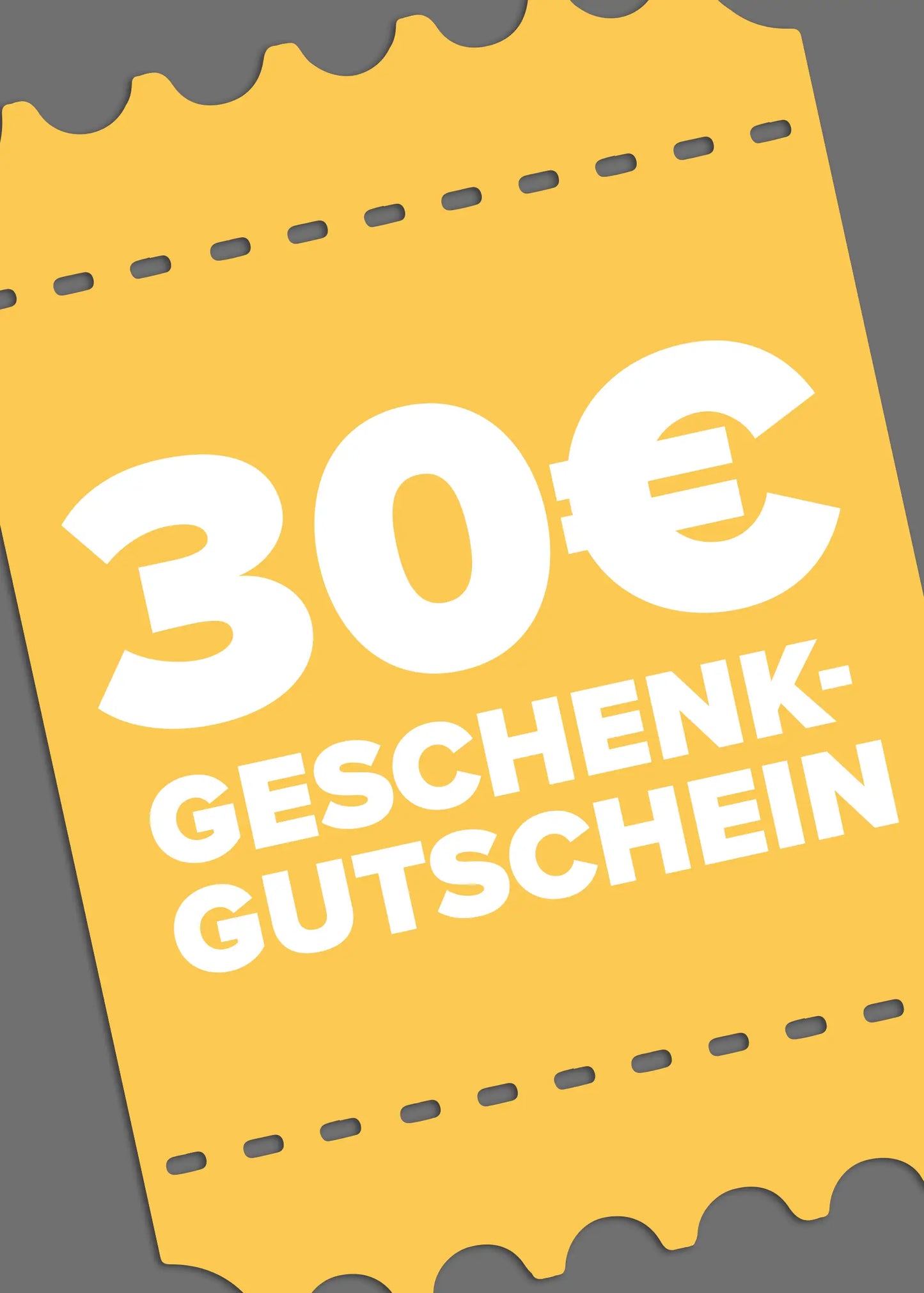 Der gelbe Gutschein mit perforierten Rändern auf grauem Hintergrund zeigt den fetten weißen Text "30€ Geschenkgutschein" von J.Clay, der per E-Mail in deutscher Sprache zugestellt wird und ohne Verfallsdatum gültig ist.