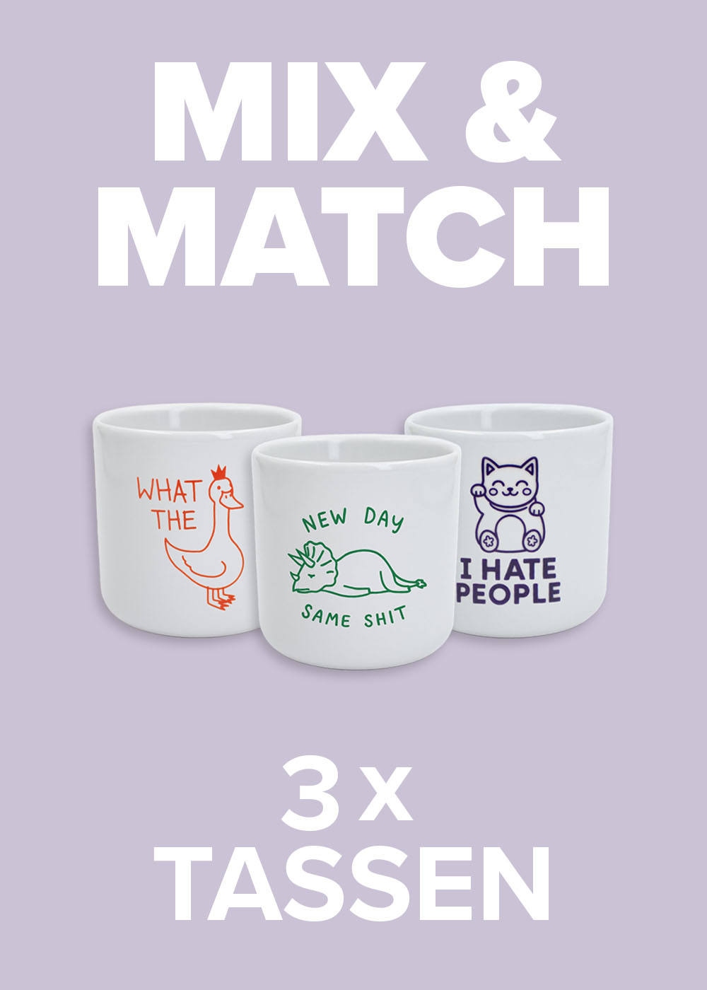 3 J.Clay-Tassen mit lustigen Tiermotiven, Mix Match – 3 Tassen Text siehe oben.