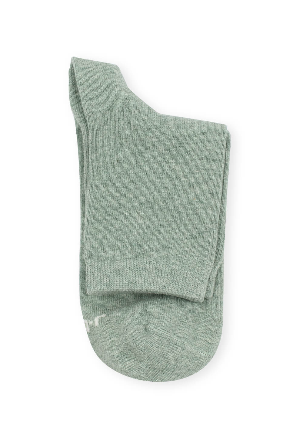 Eine einzelne salbeigrüne J.Clay-Socke aus weicher, gerippter Bio-Baumwolle ist vor einem weißen Hintergrund ordentlich gefaltet.