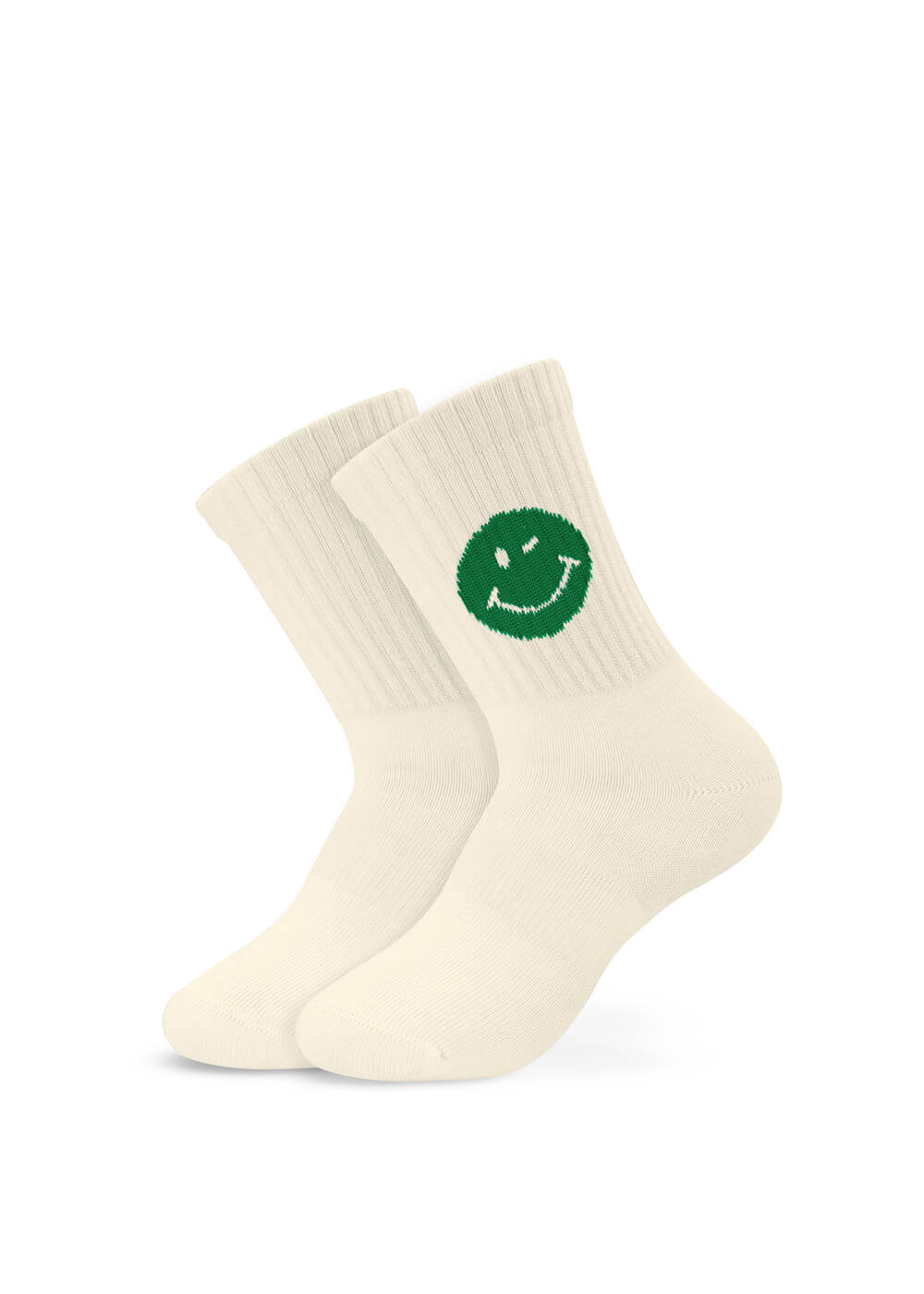 J.Clay 3er-Pack off-white gerippte Kindersocken, jede mit einem grünen Smile-Motiv-Emblem an der Seite, abgebildet auf einem schlichten weißen Hintergrund.
