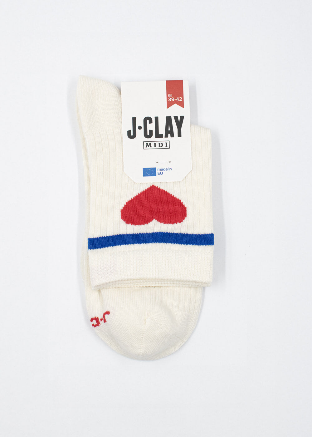 Ein Paar cremefarbene J.Clay Damen Socken mit blauem Streifenmuster, hergestellt aus hochwertiger Baumwolle, in einer Verpackung mit dem Markennamen und der Größenordnung 39-42 auf weißem Hintergrund.