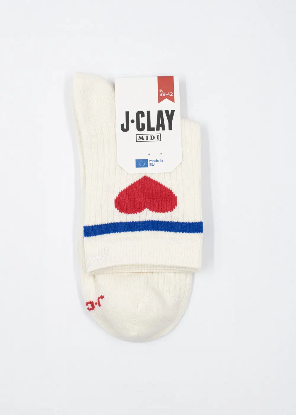 Ein Paar cremefarbene J.Clay Damen Socken mit blauem Streifenmuster, hergestellt aus hochwertiger Baumwolle, in einer Verpackung mit dem Markennamen und der Größenordnung 39-42 auf weißem Hintergrund.