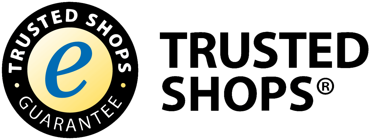 Trusted Shops-Logo mit einem gelben Kreis, in dem sich ein blaues e und der Schriftzug Trusted Shops Guarantee befinden, daneben der Text TRUSTED SHOPS® in fetten schwarzen Buchstaben.