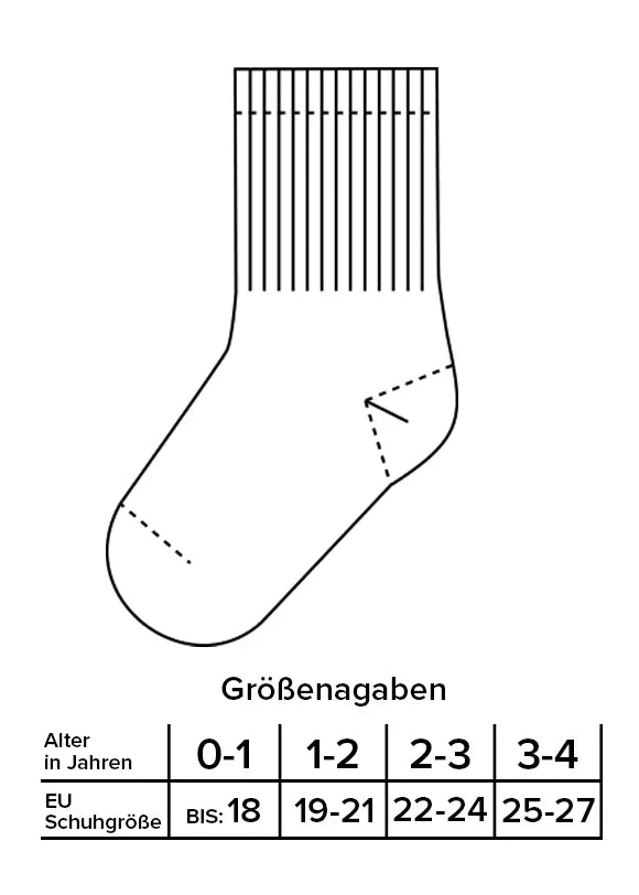 Schwarz-weißes Diagramm einer Socke über einer deutschen Größentabelle von J.Clay für Baby- und Kindersocken (0-4 Jahre), mit Größenangaben nach Alter (0-1, 1-2, 2-3, 3-4 Jahre) und EU-Schuhgröße (bis 18, 19-21, 22-24, 25-27).