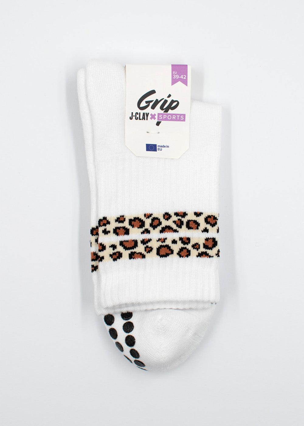 J.Clay Leo Stripes Grip: weiße Sportsocken mit Leopardenstreifen und Eco Grip-Sohle.