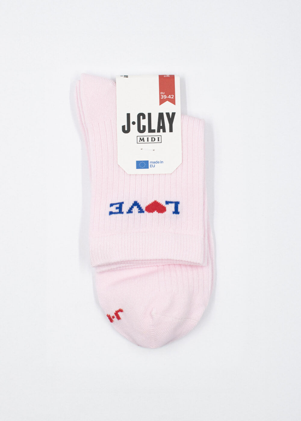 Ein Paar hellrosa J.Clay MIDI Damen Socken, Größe 35-42, mit dem Schriftzug LOVE" und einem roten Herz in Blau und Rot auf weißem Hintergrund steht für echte Blossom Love.