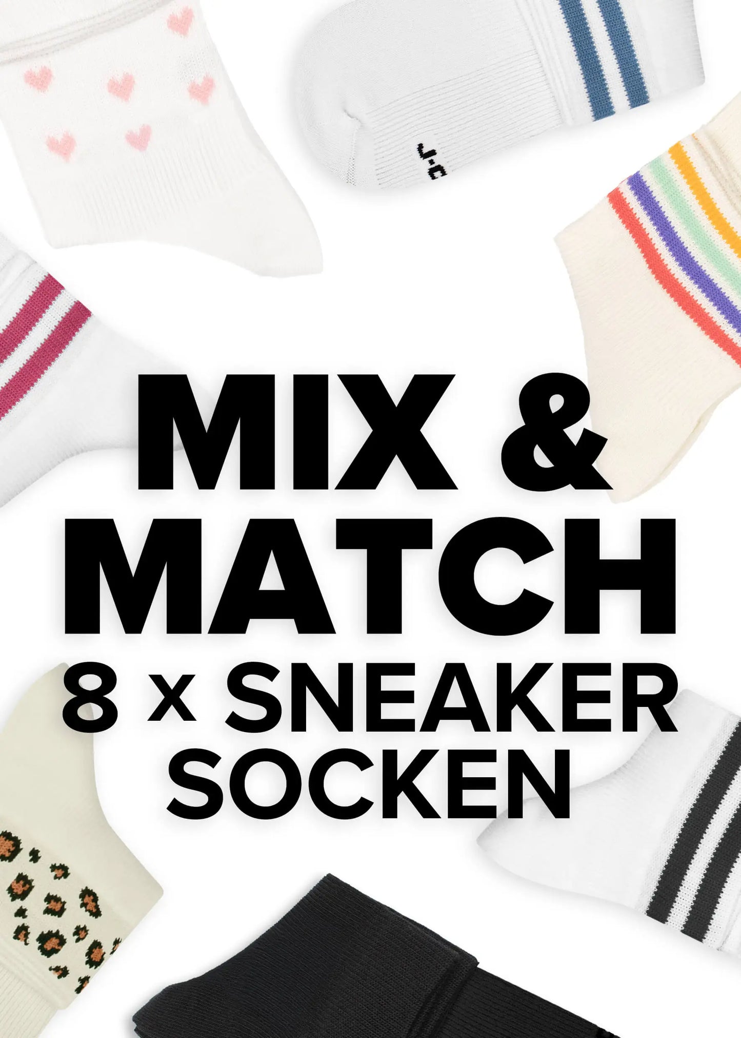Eine Reihe farbenfroher J.Clay Sneaker Socken mit einzigartigen Mustern umgibt einen fetten schwarzen Text mit der Aufschrift "MIX & MATCH 8 x SNEAKER SOCKEN" auf weißem Hintergrund.