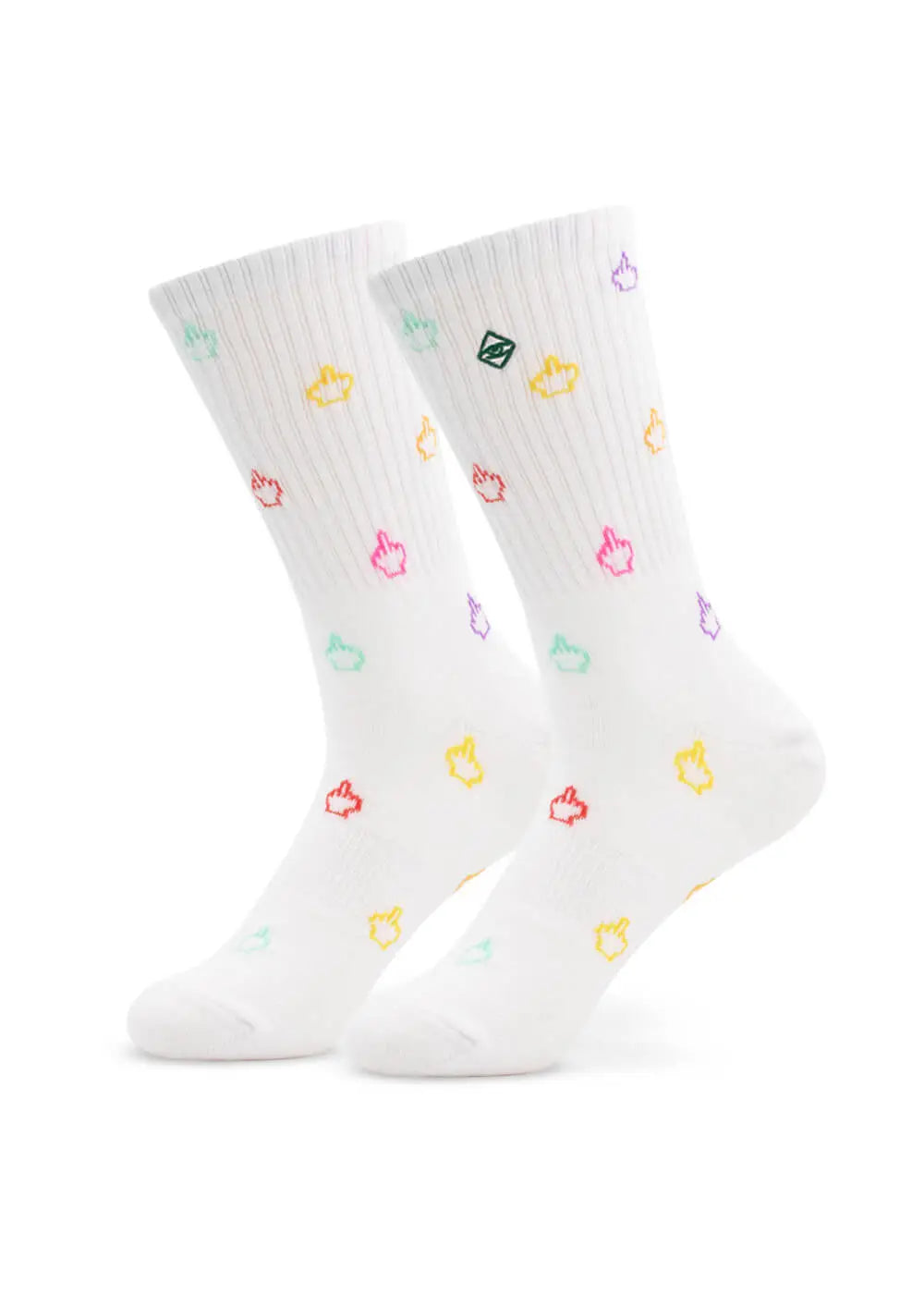 Ein Paar J.Clay weiße Tennissocken mit kleinen rosa, gelben, grünen, lila und orangefarbenen Handgestenmustern und einem kleinen grünen J.Clay-Logo am oberen Ende einer Socke.