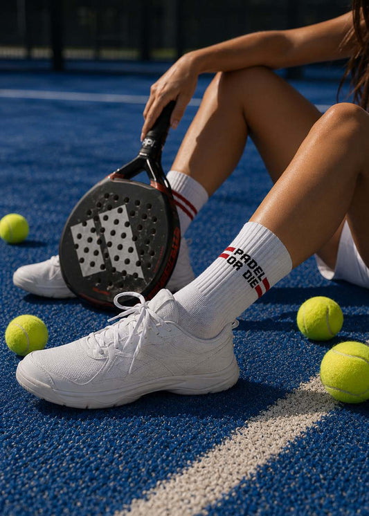 Eine Person auf einem blauen Tennisplatz mit Schläger, Bällen und „J.Clay Padel or Die“-Socken.
