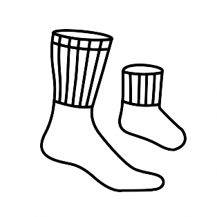 Strichzeichnung zweier Socken, einer großen und einer kleinen, jeweils mit gerippten Bündchen, die eine Erwachsenen- und eine Kindersocke darstellen.