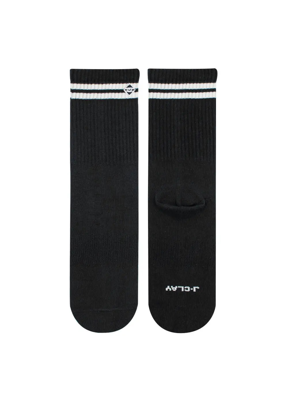J.Clay Basic Black Socken mit weißen Streifen und Grafik flach auf weißem Hintergrund.