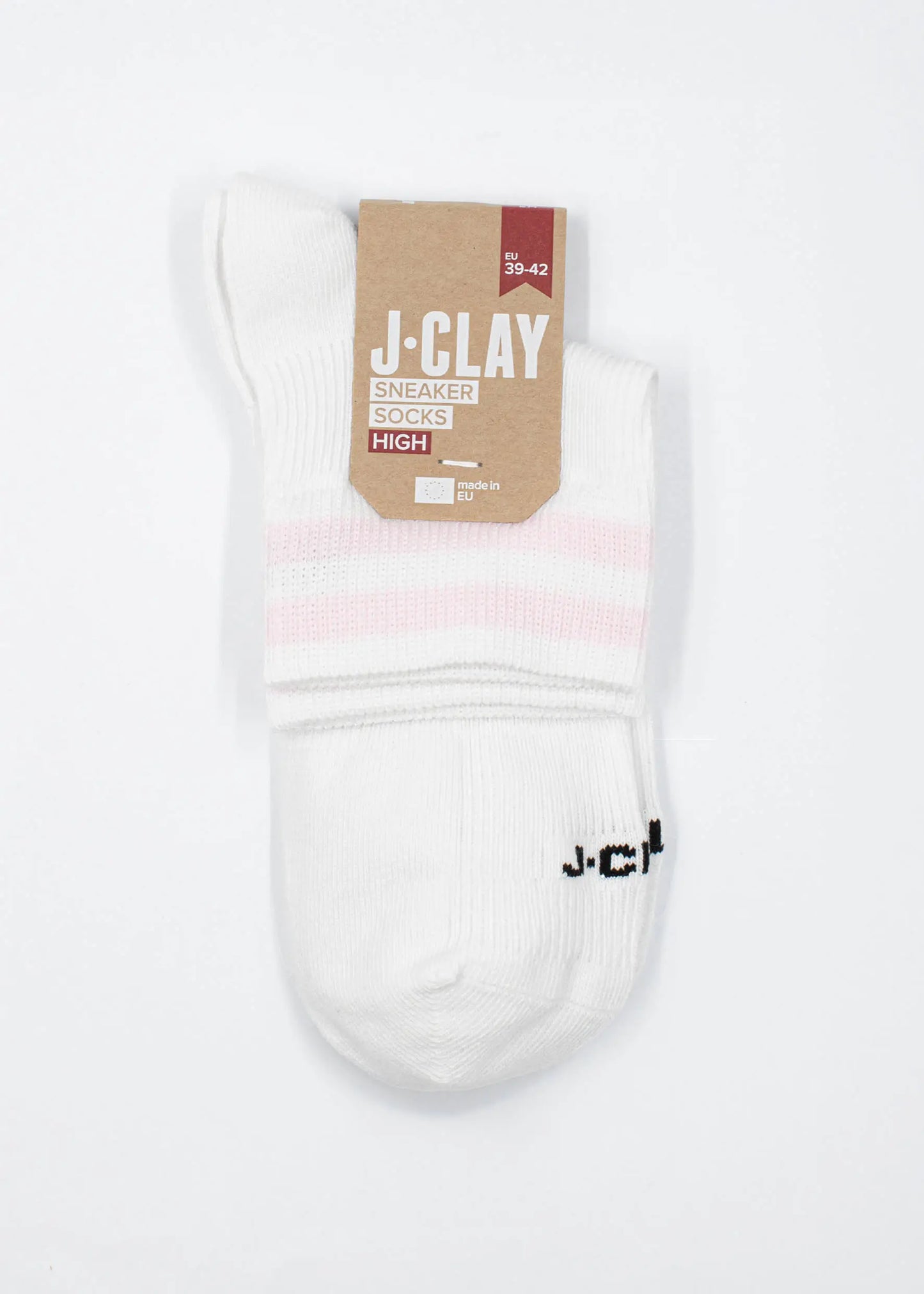 Ein Paar weiße J.Clay Sneaker Socken mit rosa Streifen, gefaltet mit einem braunen J-Clay Sneaker Socks High-Etikett mit Größenangaben, dargestellt auf weißem Hintergrund.