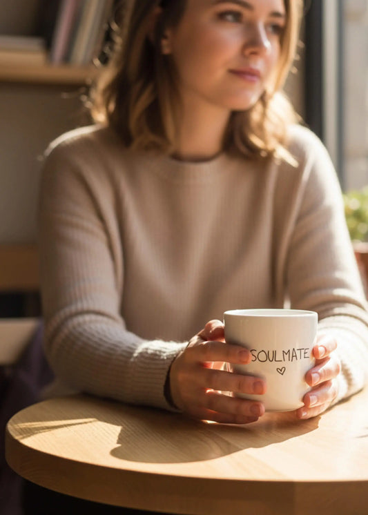 Frau mit einer J.Clay Soulmate - Tasse, perfekt als Geschenk für Ihren Lieblingsmenschen, an einem sonnenbeschienenen Tisch.