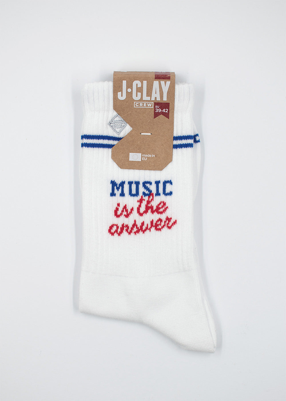 Weiße J.Clay Tennissocken mit blauen Streifen, Music is the answer, im Retro-Stil.