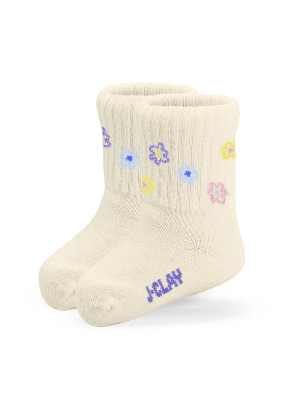 Cremefarbene, gerippte Socken von J.Clay mit pastellfarbenen Blumenmustern an den Bündchen und dem Schriftzug "J.Clay" in Lila auf der Sohle, die aufrecht vor einem weißen Hintergrund stehen.