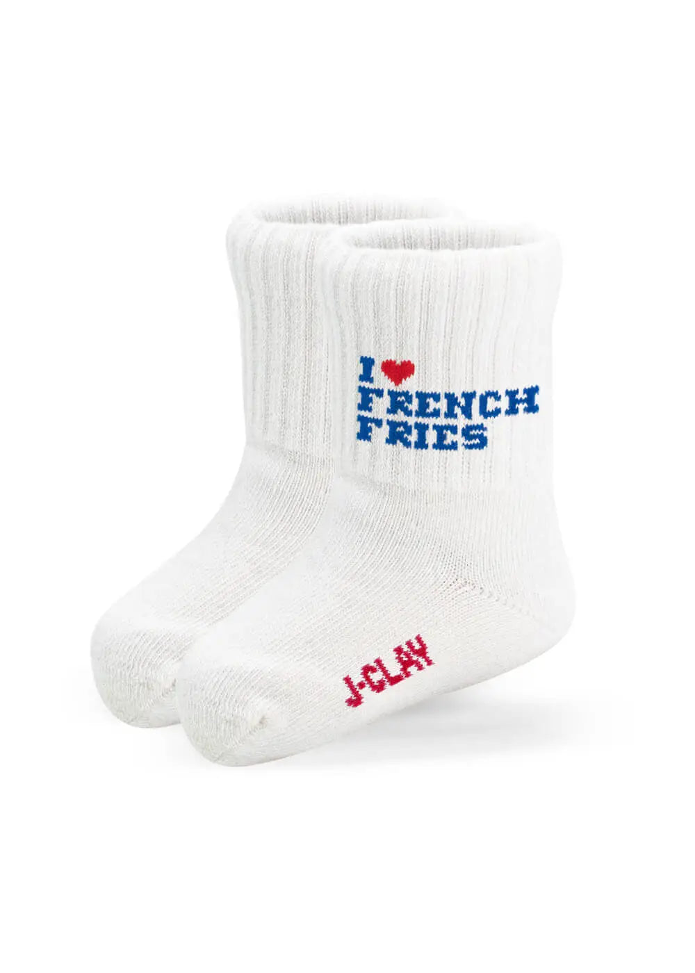 Ein Paar weiße gerippte Socken von J.Clay mit blauem "I ♥ FRENCH FRIES"-Schriftzug und rotem "J.Clay"-Branding am Fuß.