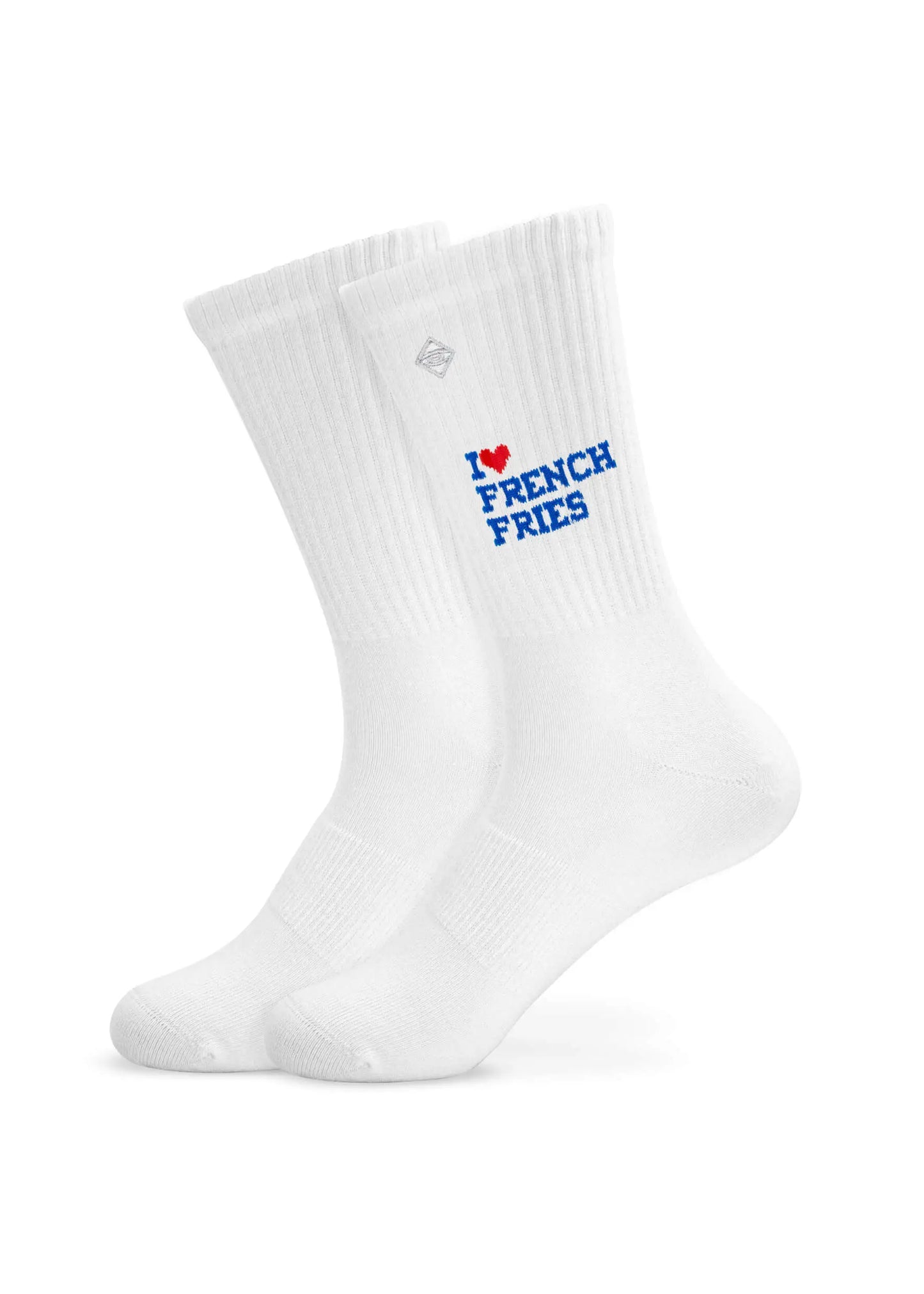 Zwei weiße J.Clay-Crew-Socken mit blauem "I ♥ FRENCH FRIES"-Schriftzug und rotem Herz am Bündchen, ideal für Partner-Look-Socken. Seite an Seite auf weißem Hintergrund abgebildet.