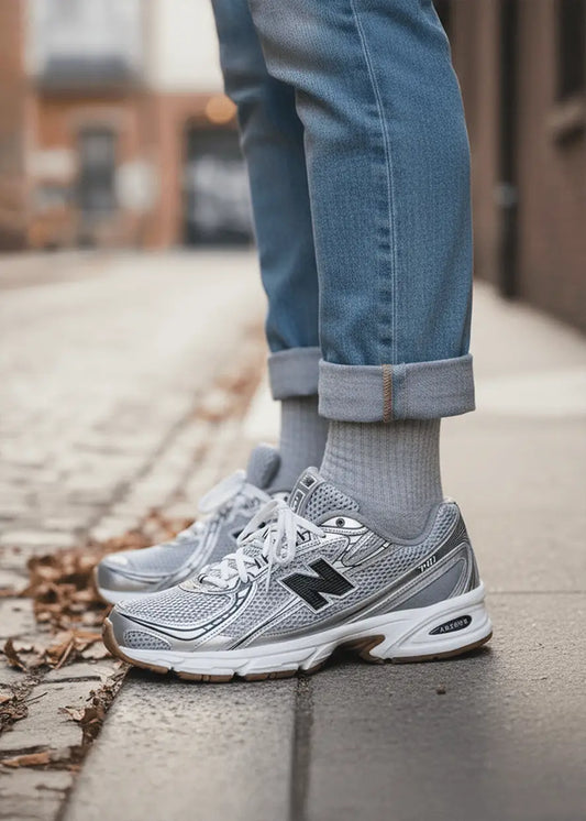 Person in J.Clay Essential Grey Turnschuhen und hochgekrempelten Jeans auf einem städtischen Bürgersteig.