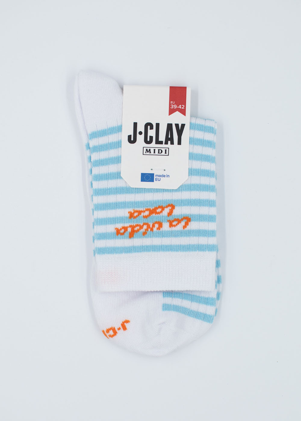 La vida loca – Midikniestrümpfe mit blauen Streifen von J.Clay, Größe 39–42, hergestellt in Europa.