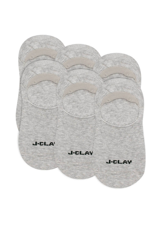 Sechs Paar hellgraue No-Show-Socken von J.Clay mit schwarzem J-CLAY-Logo auf der Oberseite, angeordnet in zwei Reihen. Diese rutschfesten Socken bleiben unsichtbar und sicher für ganztägigen Komfort. - Füßlinge