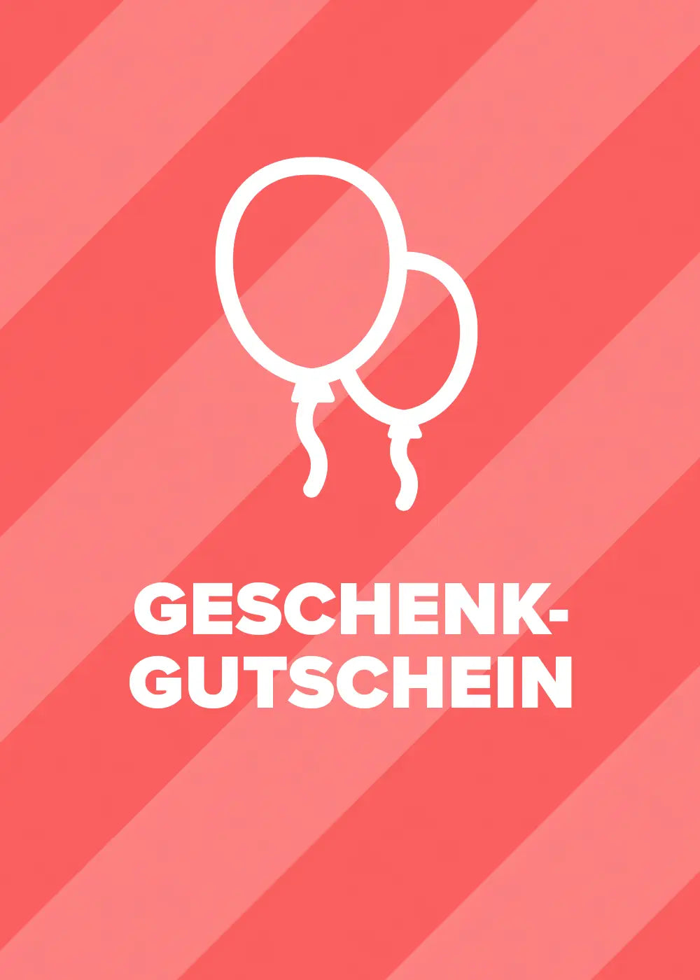 Weißer Umriss von zwei Luftballons über fettgedrucktem weißem Text Geschenk-Gutschein auf rosa Hintergrund mit diagonalen Streifen.
