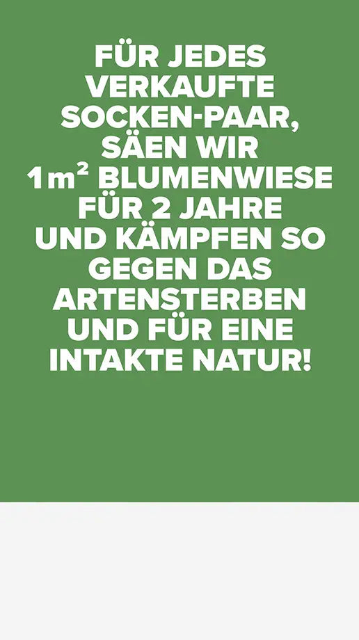 Weißer Text in deutscher Sprache auf grünem Hintergrund lautet: Für jedes verkaufte Paar Socken säen wir zwei Jahre lang 1 m² Wildblumenwiese aus, um das Artensterben zu bekämpfen und eine intakte Natur zu unterstützen.