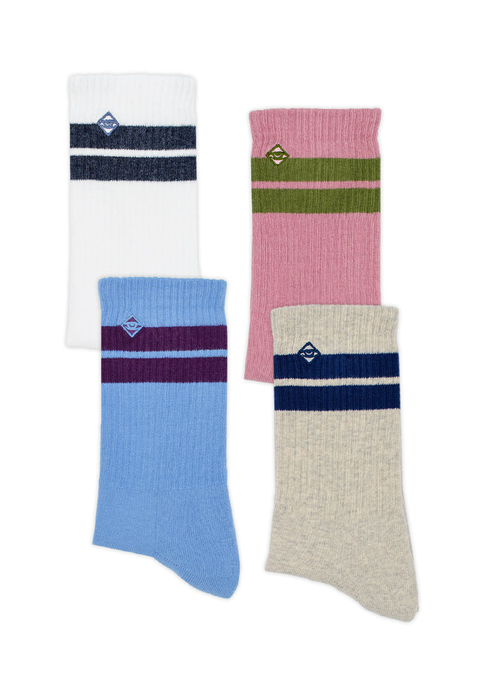 „True Pack“ von J.Clay: 4 gerippte Socken in Weiß, Rosa, Blau und Beige mit Streifen und Logo.