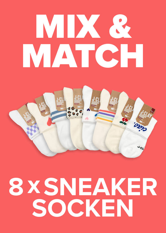 J.Clay Mix  Match – 8 Paar Sneakersocken, weiß mit roten Mustern – sparen Sie 25  bei Ihrem nächsten Sockenkauf.