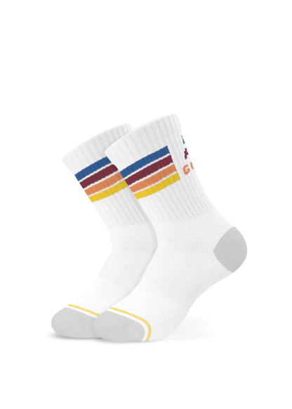 J.Clay All Good - Kinder: Weiße Socken mit bunten Streifen, grauen Zehen und Fersen.