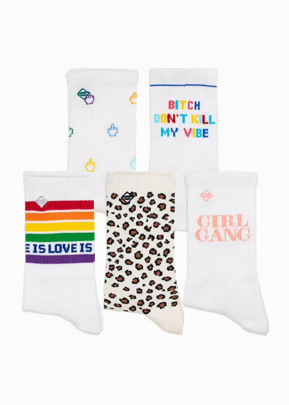 Bestseller Pack Seven: 7 Paar bunte Tennissocken von J.Clay mit aufmunternden Sprüchen auf Weiß.