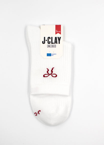 Ein Paar Cherry Bow - Midi J.Clay Socken, weiß mit rotem Scherensymbol, gefaltet und etikettiert.