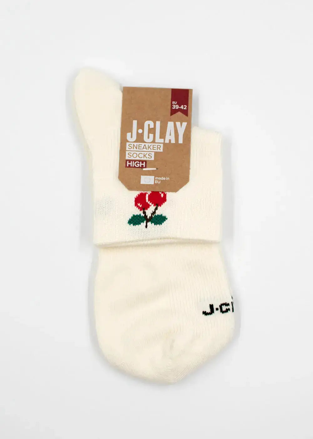 Cherry - Sneaker Socken High von J.Clay: cremefarben, rotes Rosenmuster, braunes Etikett auf der Oberseite.