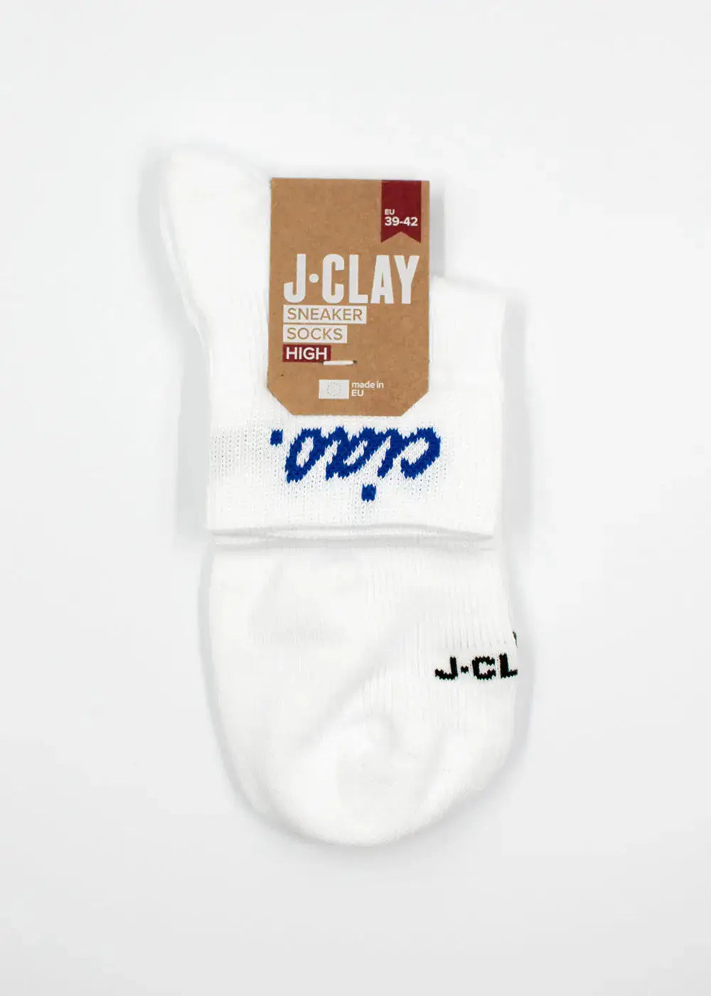 Paar weiße J.Clay Ciao. - Sneaker Socken High, blau/schwarzer Text, mit Verpackung.