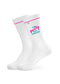 J.Clay The Party Has Arrived - Community Edition weiße Crew-Socken mit rosa und blauem Text.