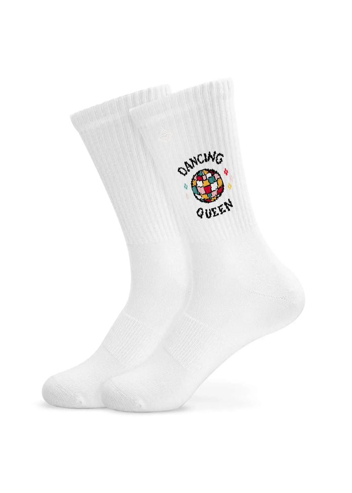 J.Clay Dancing Queen weiße Socken mit einer bunten Discokugel und seitlicher Stickerei.