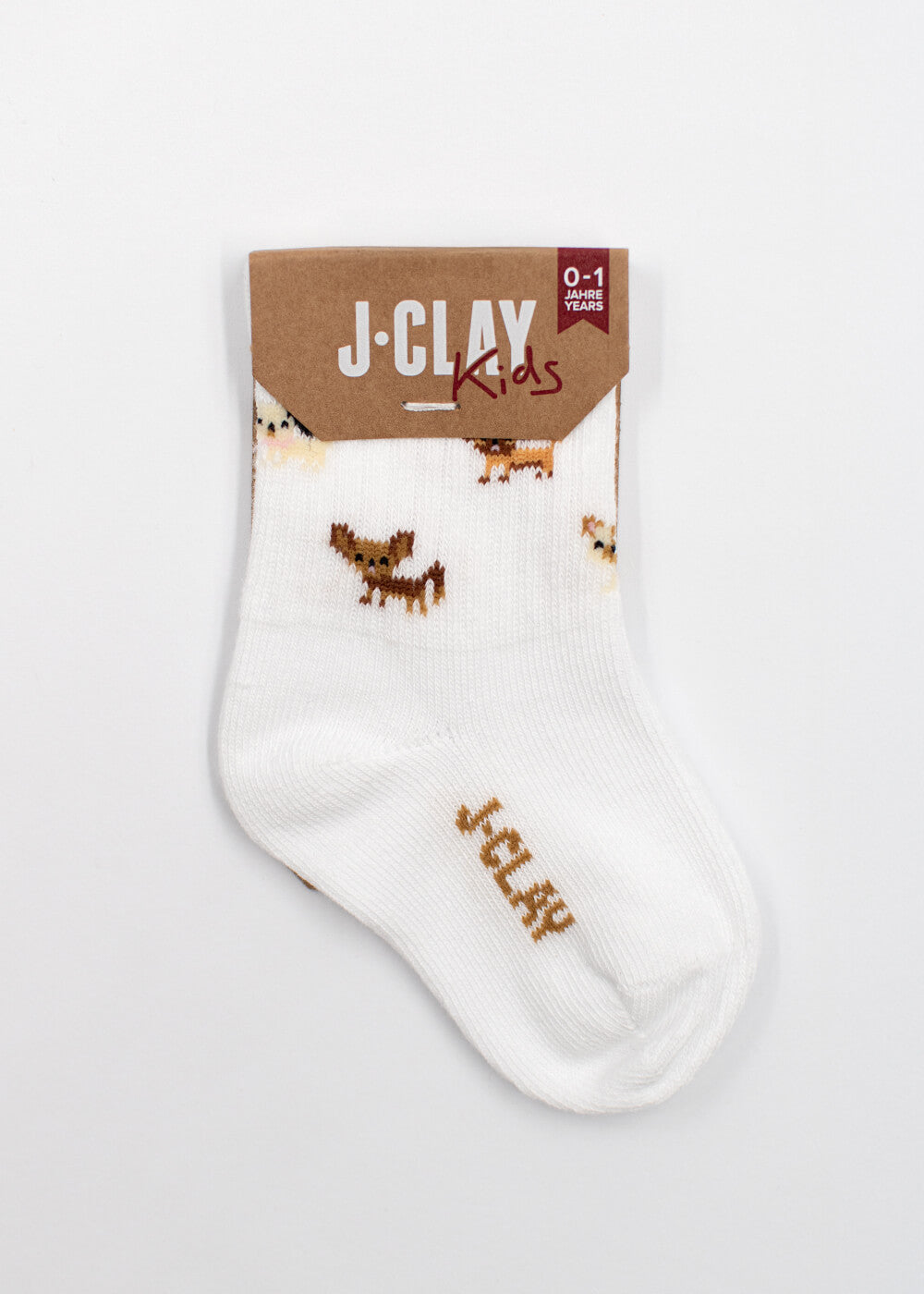 Doggie - Mini von J.Clay: weiße Socken mit braunem Hundeaufdruck, perfekt für 0-1 Jahre.