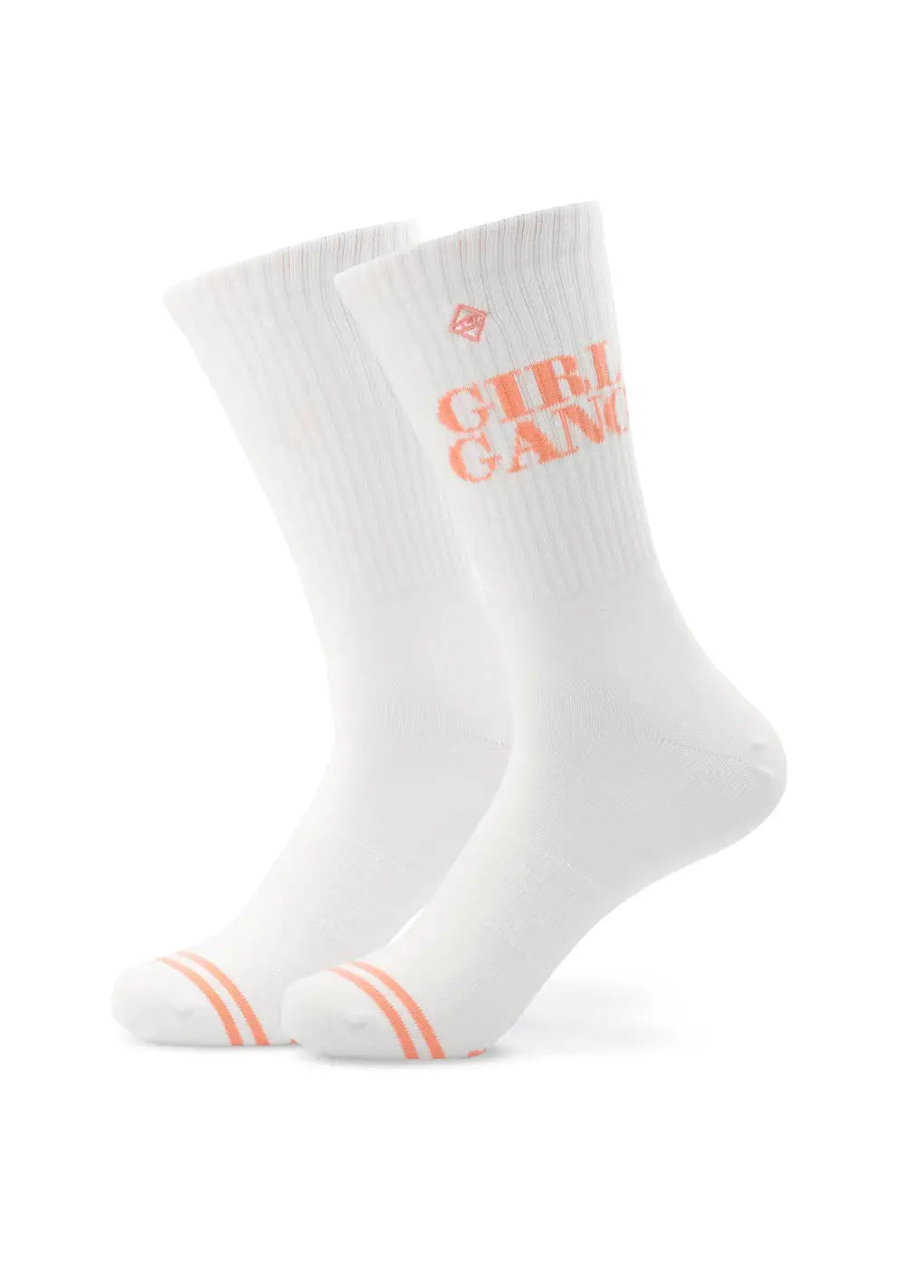 Bestseller Pack Seven von J.Clay: weiße Socken mit orangefarbenen Streifen und der Aufschrift GIRL GANG.