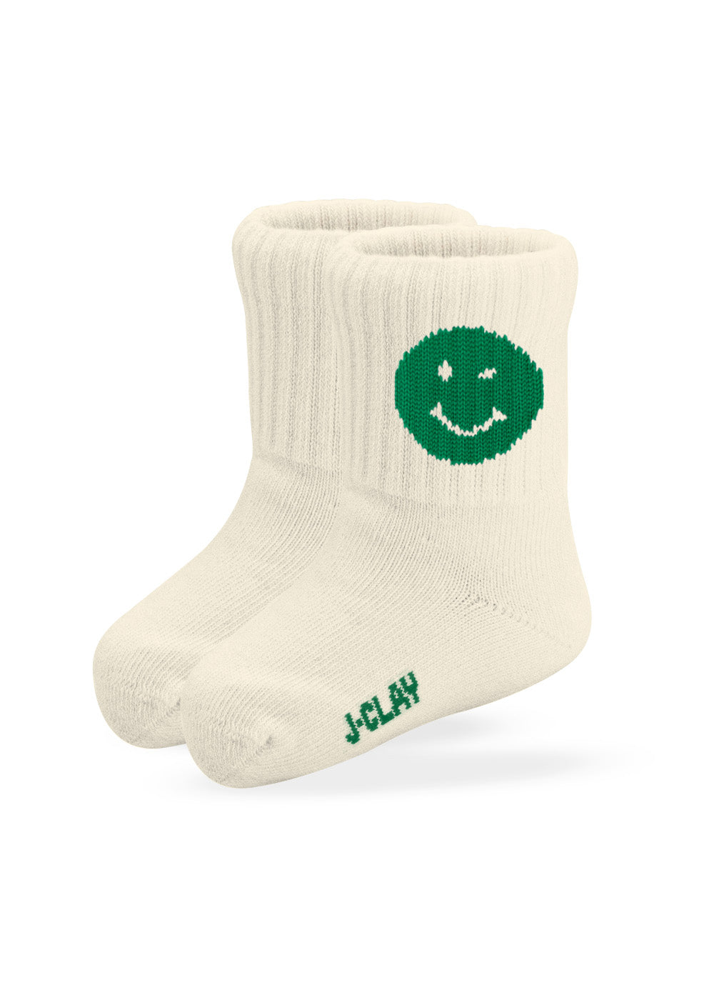 J.Clay Green Smile – Mini: fröhliche Socken mit grünem Gesicht und Logo, perfekt für kleine Füße.
