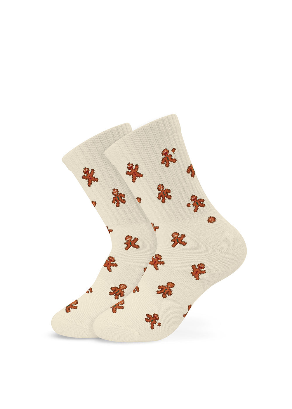 Lebkuchenmann – Cremefarbene Kindersocken mit durchgehendem Lebkuchenmann-Muster.