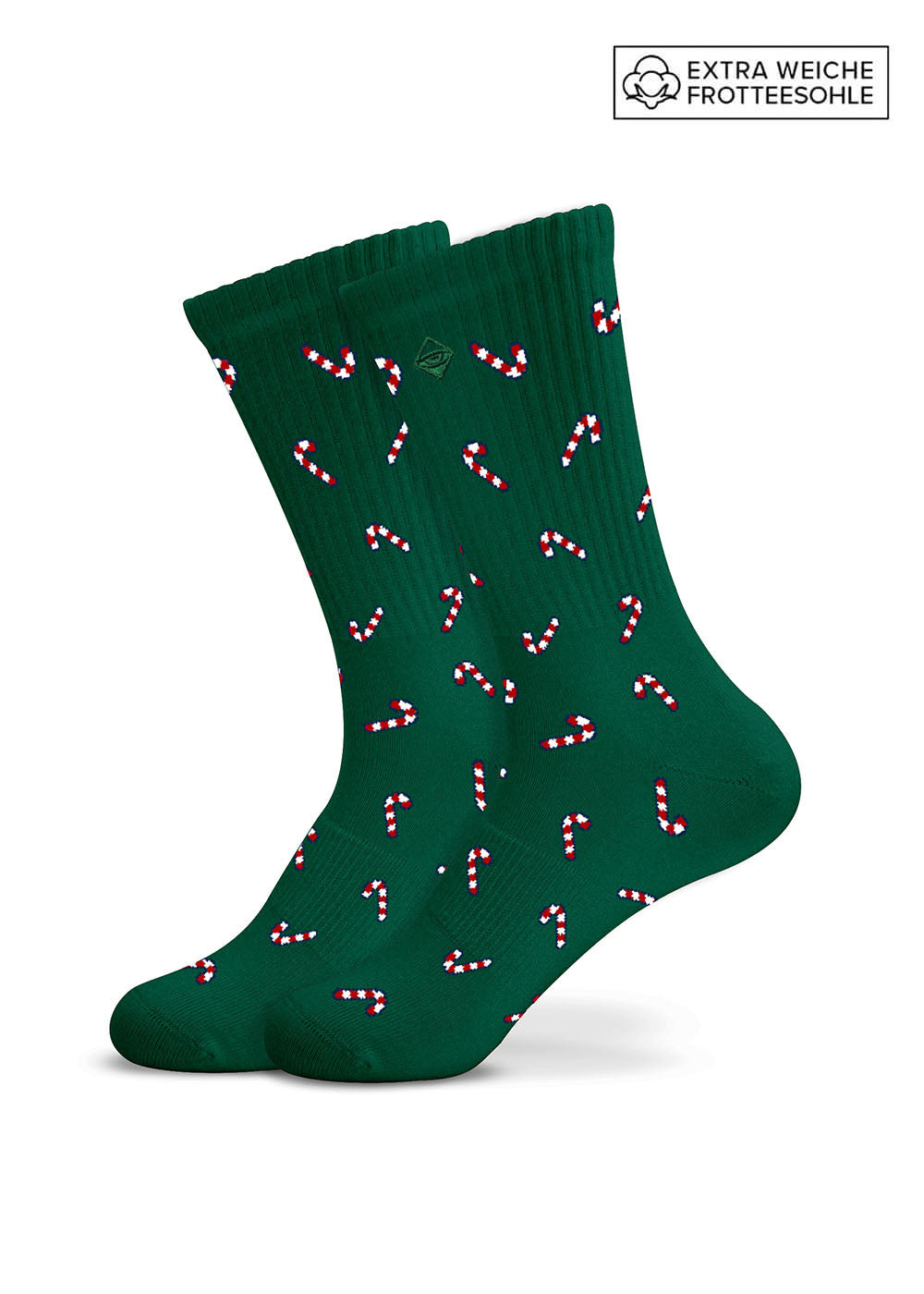 Dunkelgrüne Candy Cane-Weihnachtssocken mit Zuckerstangenmuster und besonders weichen Sohlen.