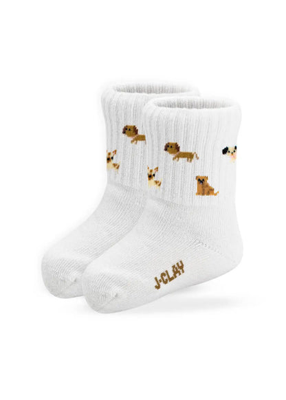 J.Clay Doggie - Fam Pack: weiße Socken mit braunem Hundedruck, goldene JCLAY an den Zehen.