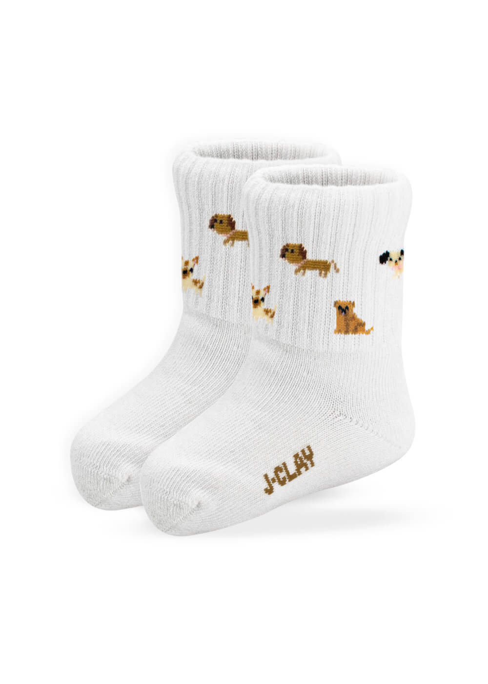 Weiße Tennissocken Doggie - Mini mit kleinen Hunden und J.Clay in Gold auf der Sohle.