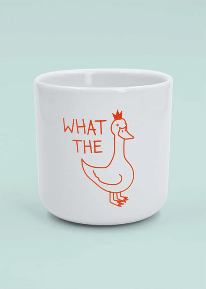 J.Clay What the Duck - Tasse: weiße Tasse mit einer orangefarbenen Ente und "WHAT THE" darüber.
