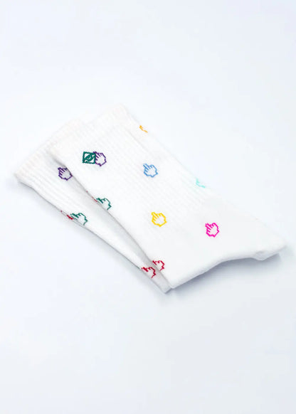 J.Clay Have a nice day Socken: weiß, mit bunten Handsymbolen und Mittelfinger-Design.