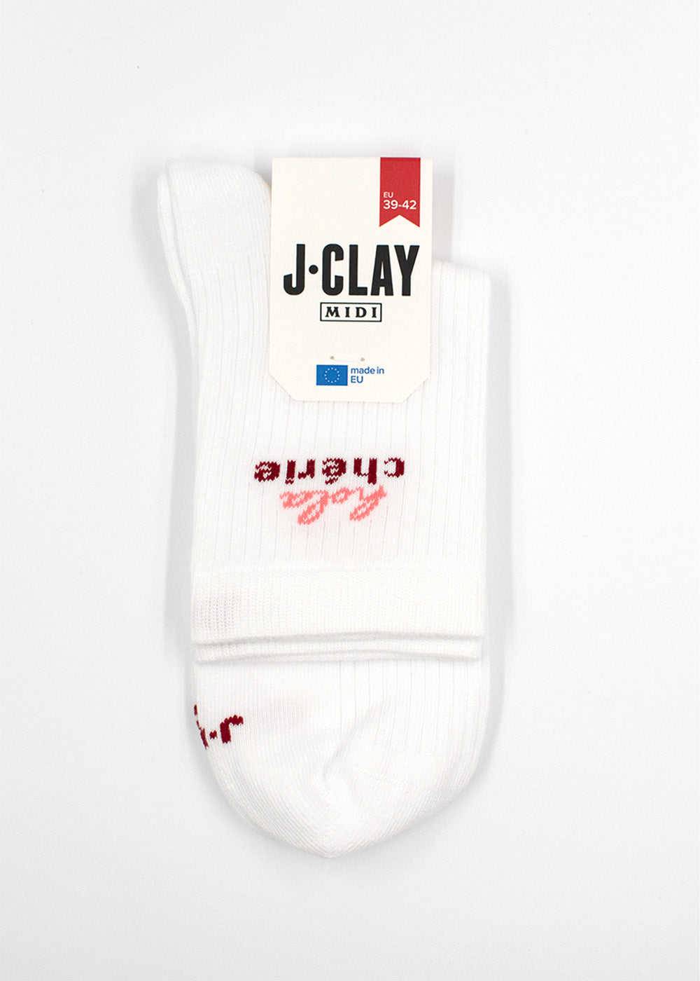 Ein Paar gefaltete weiße J.Clay Hola Chérie - Midi Socken, Größe 39-42, auf weißem Hintergrund.