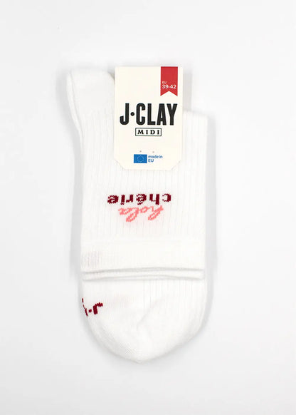 Ein Paar gefaltete weiße J.Clay Hola Chérie - Midi Socken, Größe 39-42, auf weißem Hintergrund.