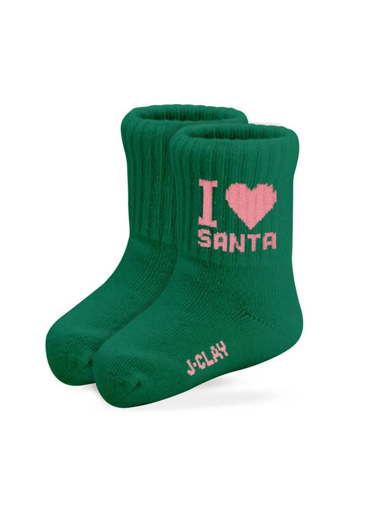 Grüne „I Love Santa – Mini“-Socken mit rosa Schriftzug und J.Clay-Logo an der Zehenpartie.