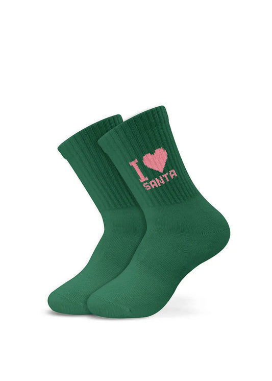 J.Clay I Love Santa – Kinder: Grüne Socken mit der rosa Aufschrift „I ♥ SANTA“ am oberen Rand.