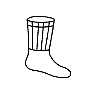 Eine einfache schwarz-weiße Strichzeichnung einer Socke mit vertikalen Streifen auf dem oberen Teil und einem einfarbigen unteren Teil.